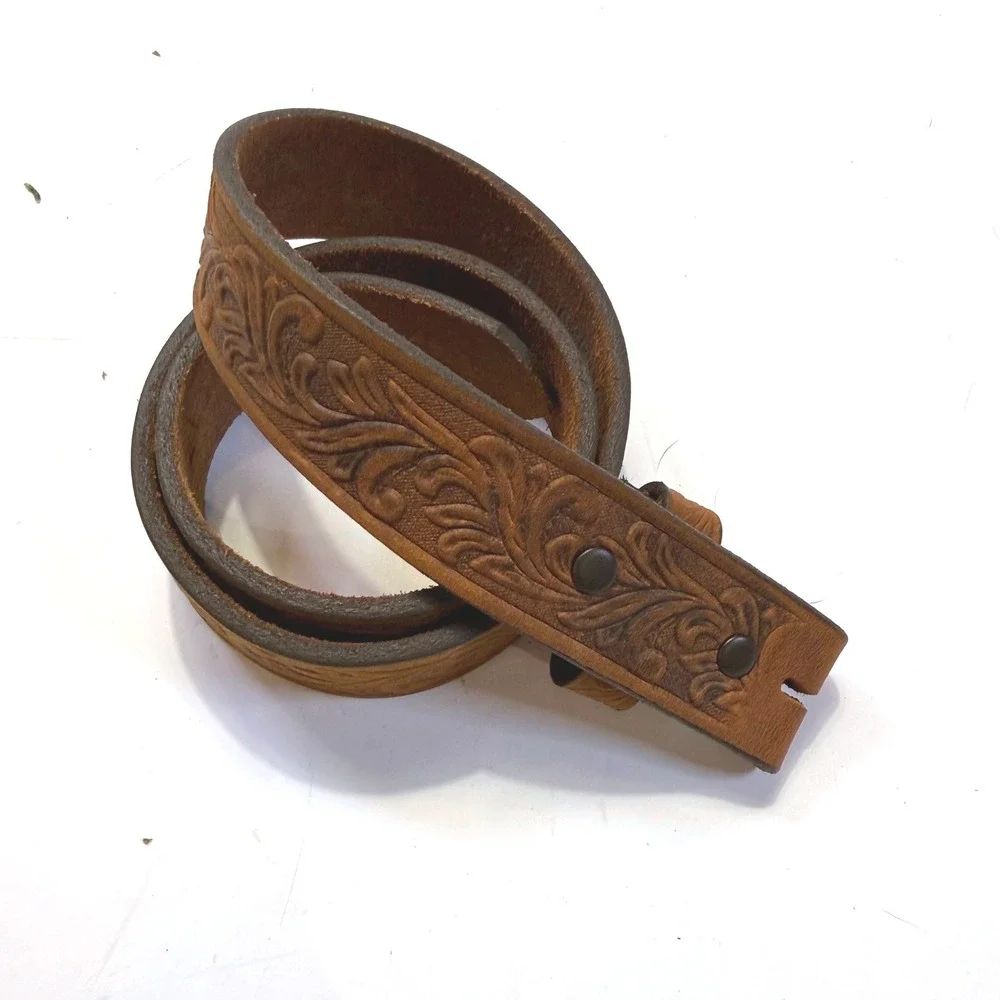 Justin Brown Tooled Leather Western Belt Strap Floral Made in USA C30219 Size 26